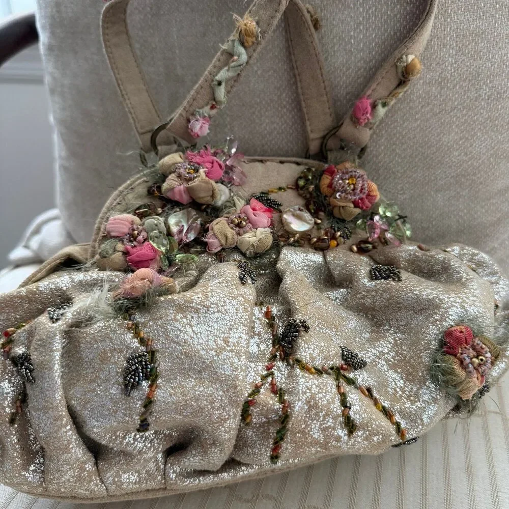 Mary Frances Vintage Embroidered Floral Beaded Handbag Metallic Gold/silver